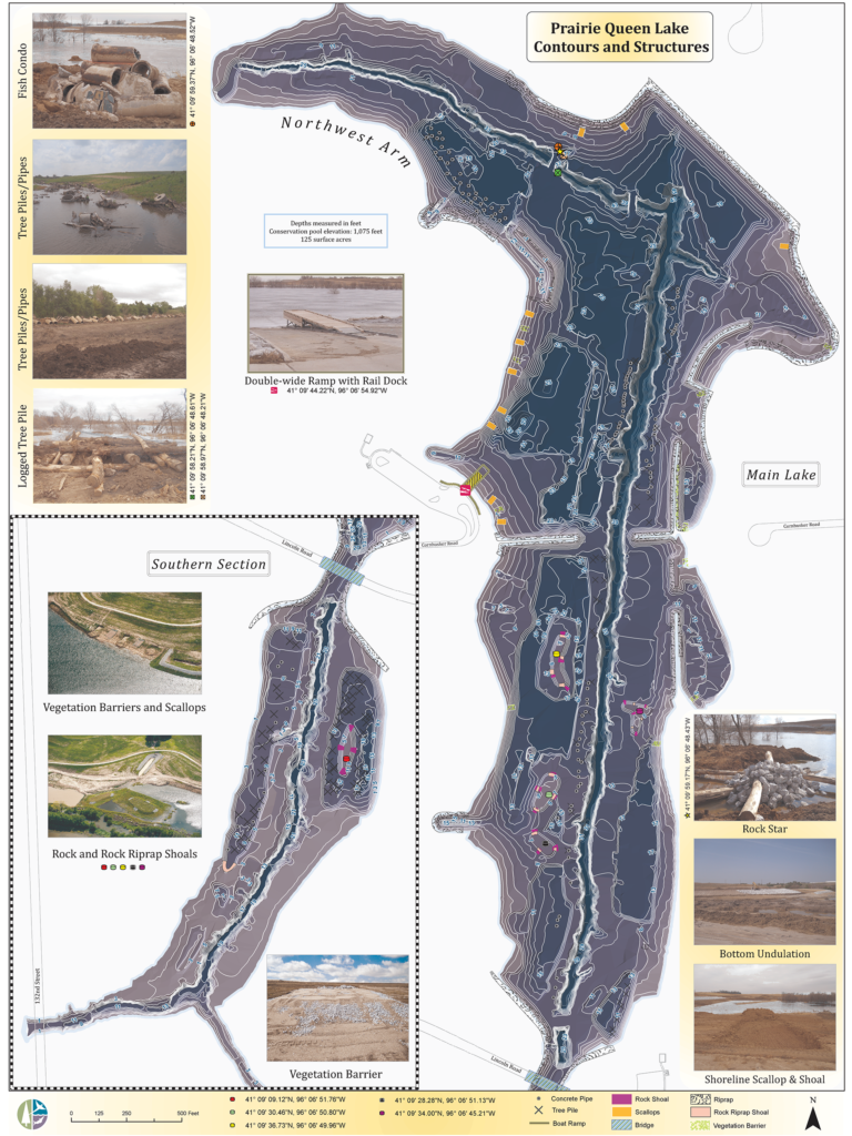 Lake Structures and depth map of Prairie Queen Lake